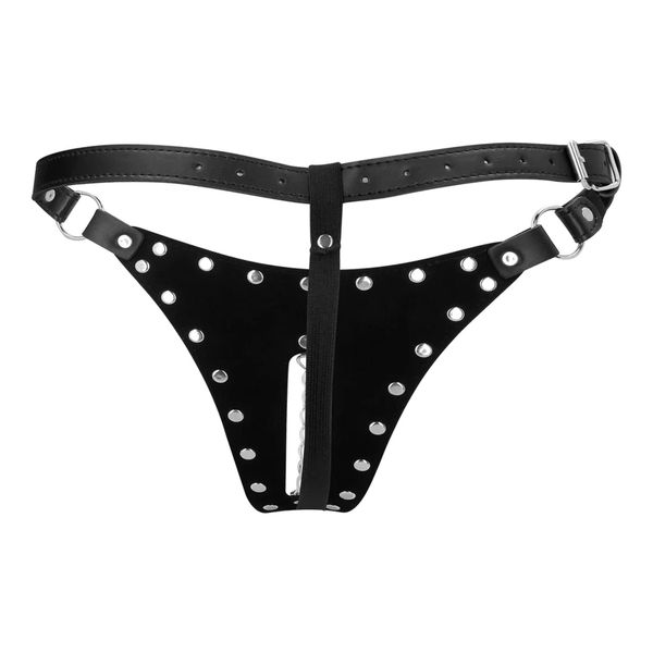 Pu Leather Chastity Thong With Chain Detail - Black zdjęcie 5