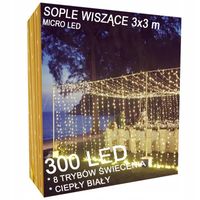 KURTYNA GIRLANDA ŚWIETLNA SOPLE LED LAMPKI 8 TRYBÓW CIEPŁY BIAŁY 3x3m