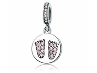 Rodowany srebrny wiszący charms pandora dziecięce stopki cyrkonie srebro 925 BEAD156