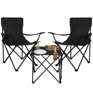 Zestaw kempingowy stolik i 2 krzesła z oparciem, składane meble turystyczne czarny