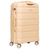 beżowa walizka z polipropylenu z wysuwaną, teleskopową rączką