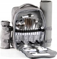 PLECAK PIKNIKOWY 32-częściowy ZESTAW DLA 4 OSÓB NACZYNIA SZTUĆCE KOC SZARY