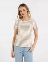 Damska Koszulka T-shirt Bawełniana w Paski Klasyczna BEŻOWA MORAJ S