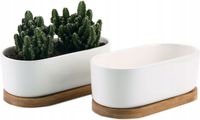 2x DONICZKI NA SUKULENTY CERAMICZNE OWALNE PODSTAWKI DREWNO KWIATY ROŚLINY