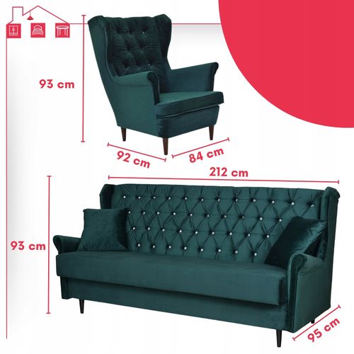 Zestaw wypoczynkowy uszak wersalka z fotelami Gaja ZIELONY na Arena.pl