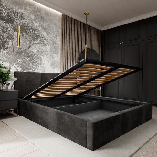 ŁÓŻKO TAPICEROWANE DO SYPIALNI 180x200 ŁÓŻKO PODWÓJNE Z POJEMNIKIEM CZARNE na Arena.pl