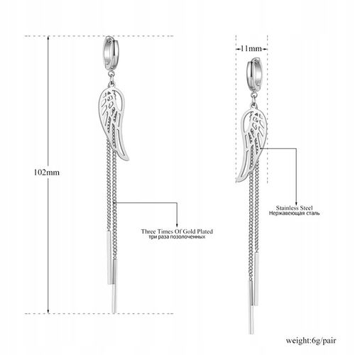 KOLCZYKI DŁUGIE ŁAŃCUSZKI SKRZYDŁA STAL CHIRURGICZNA 316 L KOLOR SREBRNY na Arena.pl