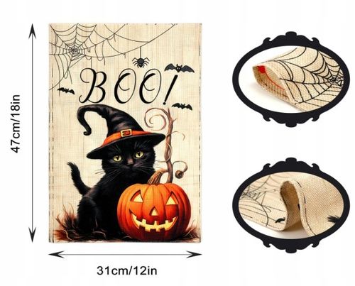 Płótno z Obrazkiem Dekoracja na Halloween Jutowe z Czarnym Kotem na Arena.pl