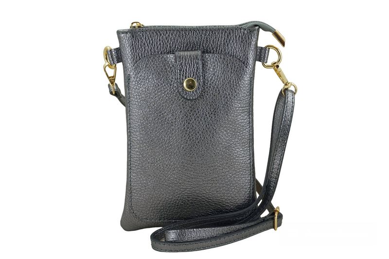 Mini torebka / etui ze skóry metalizowanej - Srebrna ciemna zdjęcie 1