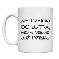 KUBEK "NIE CZEKAJ DO JUTRA, MIEJ WYJEBANE JUŻ DZISIAJ" Wzór - Klasyczny 330 ml
