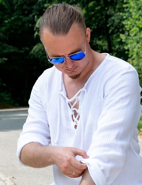 Biała koszula męska muślinowa ze sznurkiem zdjęcie 5