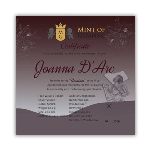 Niue: Heroines - Joanna D'Arc kolorowana 2 uncje Srebra 2022 High Relief Antiqued Coin na Arena.pl