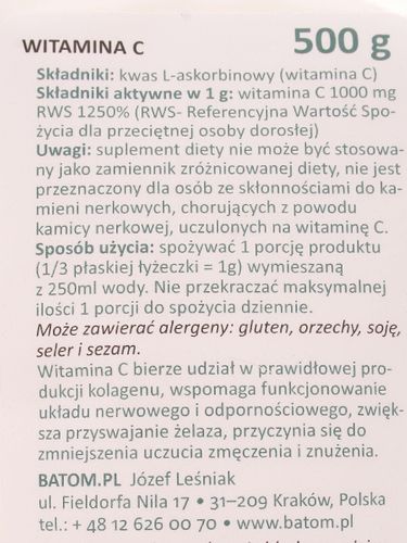 Witamina C kwas L-askorbinowy - Batom - 500g na Arena.pl
