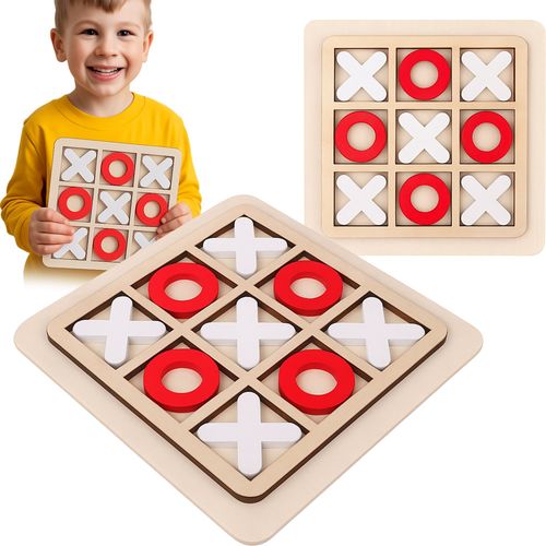 Gra planszowa kółko i krzyżyk drewniana logiczna dla dzieci biało-czerwony na Arena.pl