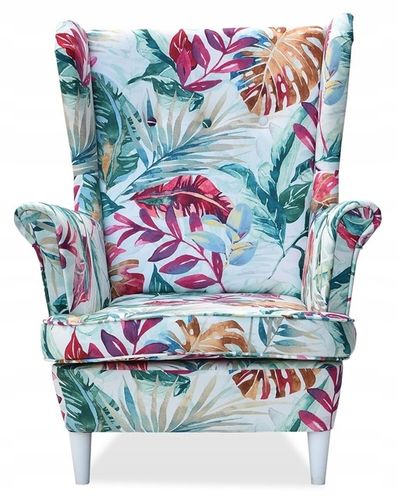 Fotel uszak ARI PRINT skandynawski  liście zielone czerwon na Arena.pl