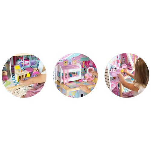 Drewniany domek dla lalek duży 3-piętrowy z windą i lampką LED na Arena.pl