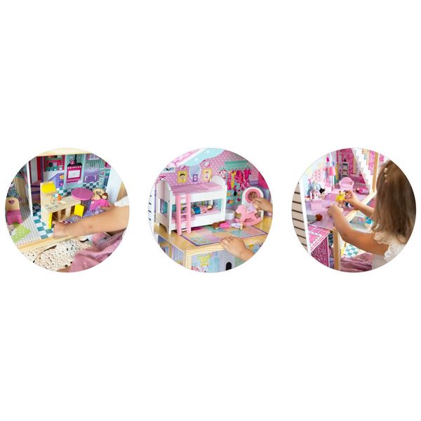 Drewniany domek dla lalek duży 3-piętrowy z windą i lampką LED zdjęcie 15