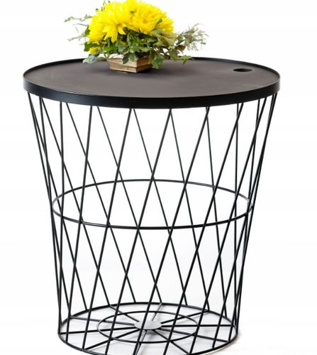 STOLIK KAWOWY METALOWY KOSZ DRUCIANY Z POKRYWĄ OKRĄGŁY CZARNY OZDOBNY na Arena.pl