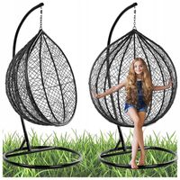 FOTEL OGRODOWY WISZĄCY KOKON DUŻY KOSZ KORFU CZARNY Z PODSTAWĄ