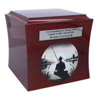 Tematyczna urna pogrzebowa z podobizną wędkarza / Plakietka