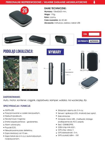 Lokalizator GPS AZ5000G - do 60 dni czuwania na 1 ładowaniu na Arena.pl