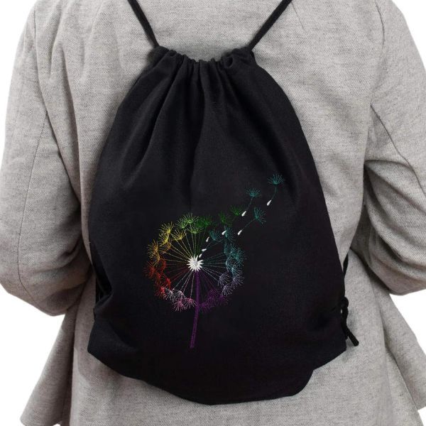 Plecak Bawełniany - Haft Dmuchawca. Czarny Worek na Plecy zdjęcie 1