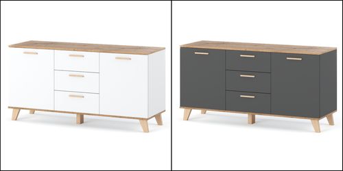 Komoda Biała Z Drewnem Olivier 150cm Pojemna Szafka Rtv Z 3 Szufladami na Arena.pl