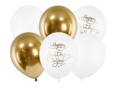 Balony lateksowe Happy Birthday biało-złote, 6 szt.