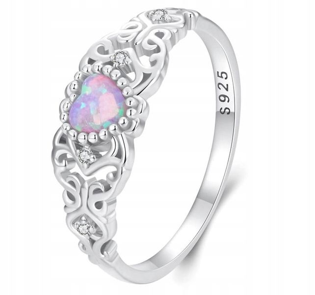 Pierścionek Srebrny 925 Z Opalem Ażurowy Z Opalem W Kształcie Serca r. 12 zdjęcie 1