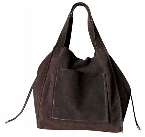 Czekoladowa zamszowa torebka shopper worek XL ZAMSZ NATURALNY Vera Pelle A4 na Arena.pl