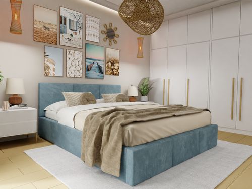 ŁÓŻKO TAPICEROWANE DO SYPIALNI 140x200 ŁÓŻKO PODWÓJNE Z POJEMNIKIEM MORSKIE na Arena.pl