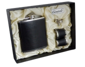 Piersiówka z Kieliszkami w Zestawie Obszyte Czarną Skórą + Lejek na Prezent