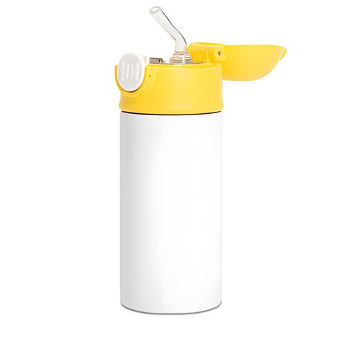 Bidon - butelka 360 ml dla dzieci z dowolnym nadrukiem - biała z żółtą zakrętką na Arena.pl