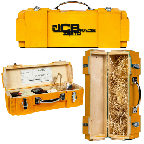 Skrzynka na butelkę prezent dla operatora koparki JCB podziekowanie na Arena.pl