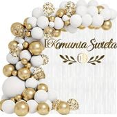 GIRLANDA BALONOWA BIAŁA ZŁOTA DEKORACJE NA KOMUNIĘ IHS KOMUNIA BALONY BIAŁE