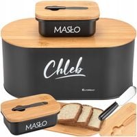 CHLEBAK BAMBUSOWY DREWNIANY CZARNY METALOWY Z MASELNICZKĄ NOŻYKIEM DO MASŁA