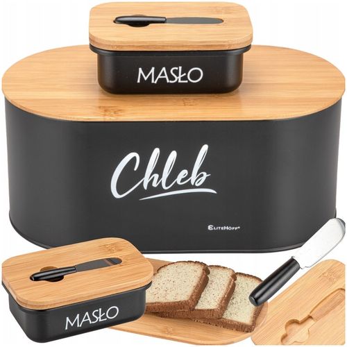 CHLEBAK BAMBUSOWY DREWNIANY CZARNY METALOWY Z MASELNICZKĄ NOŻYKIEM DO na Arena.pl