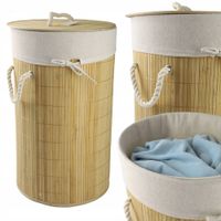 WOLNOSTOJĄCY KOSZ NA PRANIE BAMBUSOWY OKRĄGŁY Z POKRYWKĄ MATERIAŁOWY WKŁAD