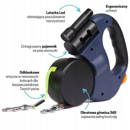 Smycz dla dwóch psów / na dwa psy linki 3 m, latarka i pojemnik na worek na Arena.pl