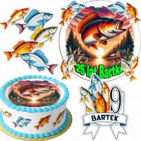 ZESTAW OPŁATEK NA TORT 20CM + 16 POSTACI - WĘDKARSKIE RYBAK +IMIĘ 15CM 18CM