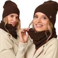 CZEKOLADOWY BRĄZ zimowy KOMPLET damski czapka szalik komin CIEPŁY