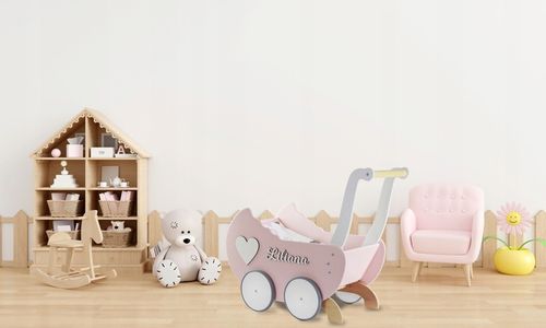 DREWNIANY WÓZEK DLA LALEK + IMIĘ prezent na roczek na Arena.pl