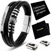 BRANSOLETKA MĘSKA SKÓRZANA SKÓRA GRAWER GRATIS SREBRNA REGULOWANA