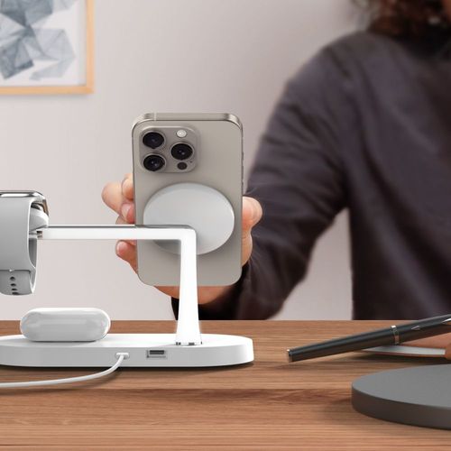 3w1Ładowarka indukcyjna na smartfon słuchawki smartwatch z MagSafe - biała na Arena.pl