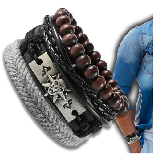 Zestaw męskich bransoletek skórzanych z koralikami i czaszką na Arena.pl