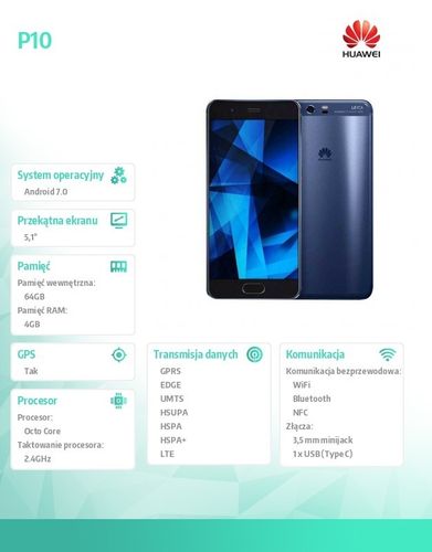 Huawei P10 64GB DUAL SIM Niebieski na Arena.pl