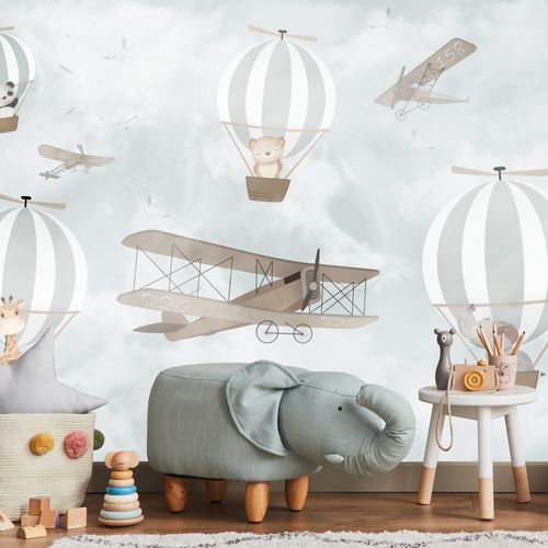 Fototapeta Dla Dzieci ZWIERZĘTA Balony Samolot Vintage 135cm x 90cm na Arena.pl