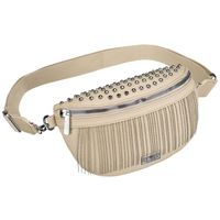 beżowa saszetka damska wykonana ze skóry ekologicznej, ozdobiona ćwiekami