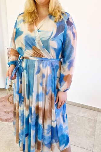 Kopertowa Sukienka Maxi z Długim Rękawem Niebiesko-Beżowo-Karmelowa UNI na Arena.pl