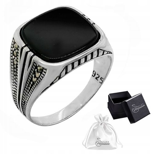 Sygnet srebrny pr. 925 Onyks Pierścień z Onyksem i Markazytami | r. 19 na Arena.pl